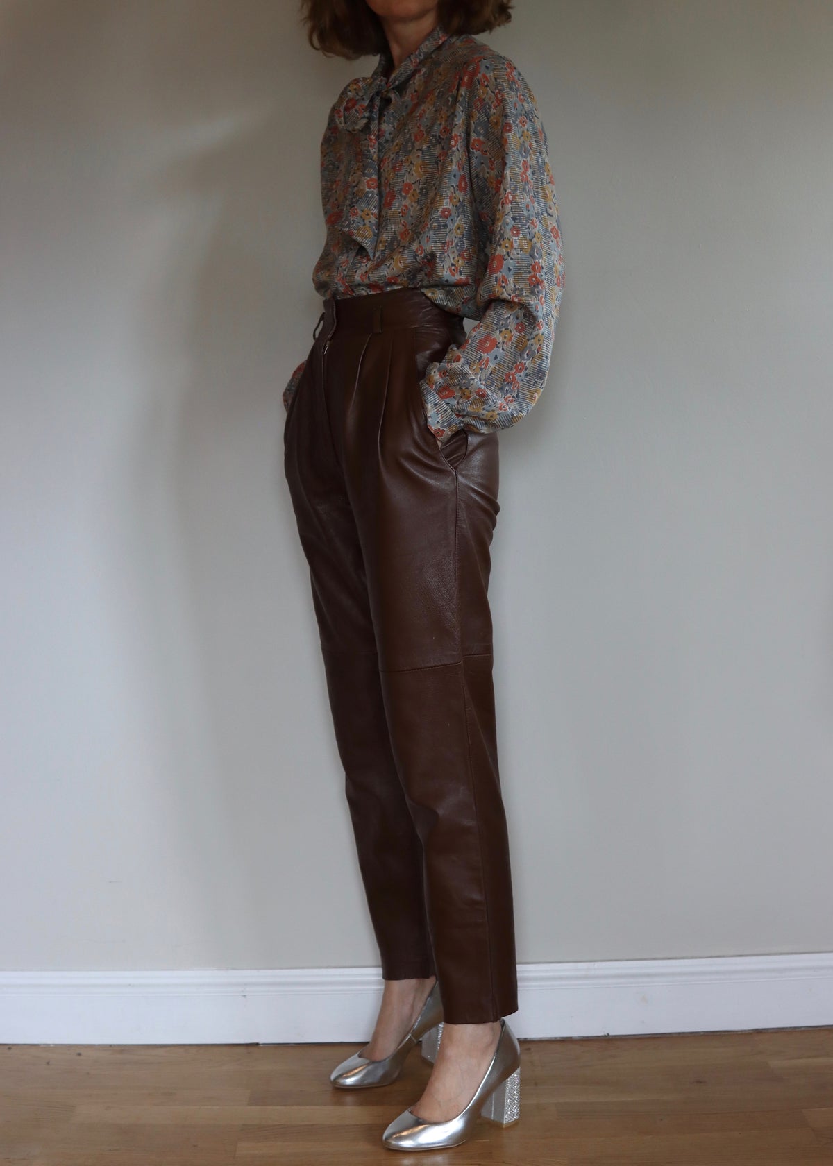 Brown 1980s High Waisted Leather Trousers Pants
