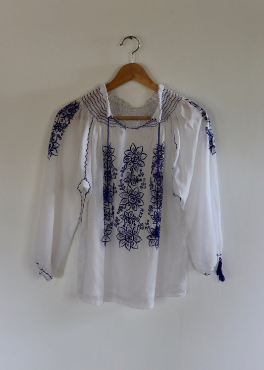 Hand Embroidered and Hand Stitched Peasant Cotton Blouse