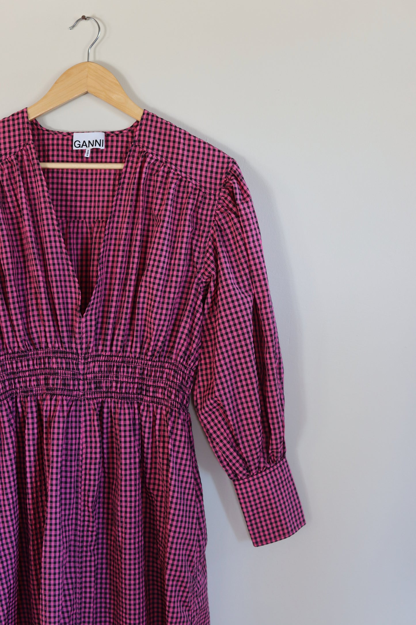 GANNI | Shirred Gingham Seersucker Midi Dress