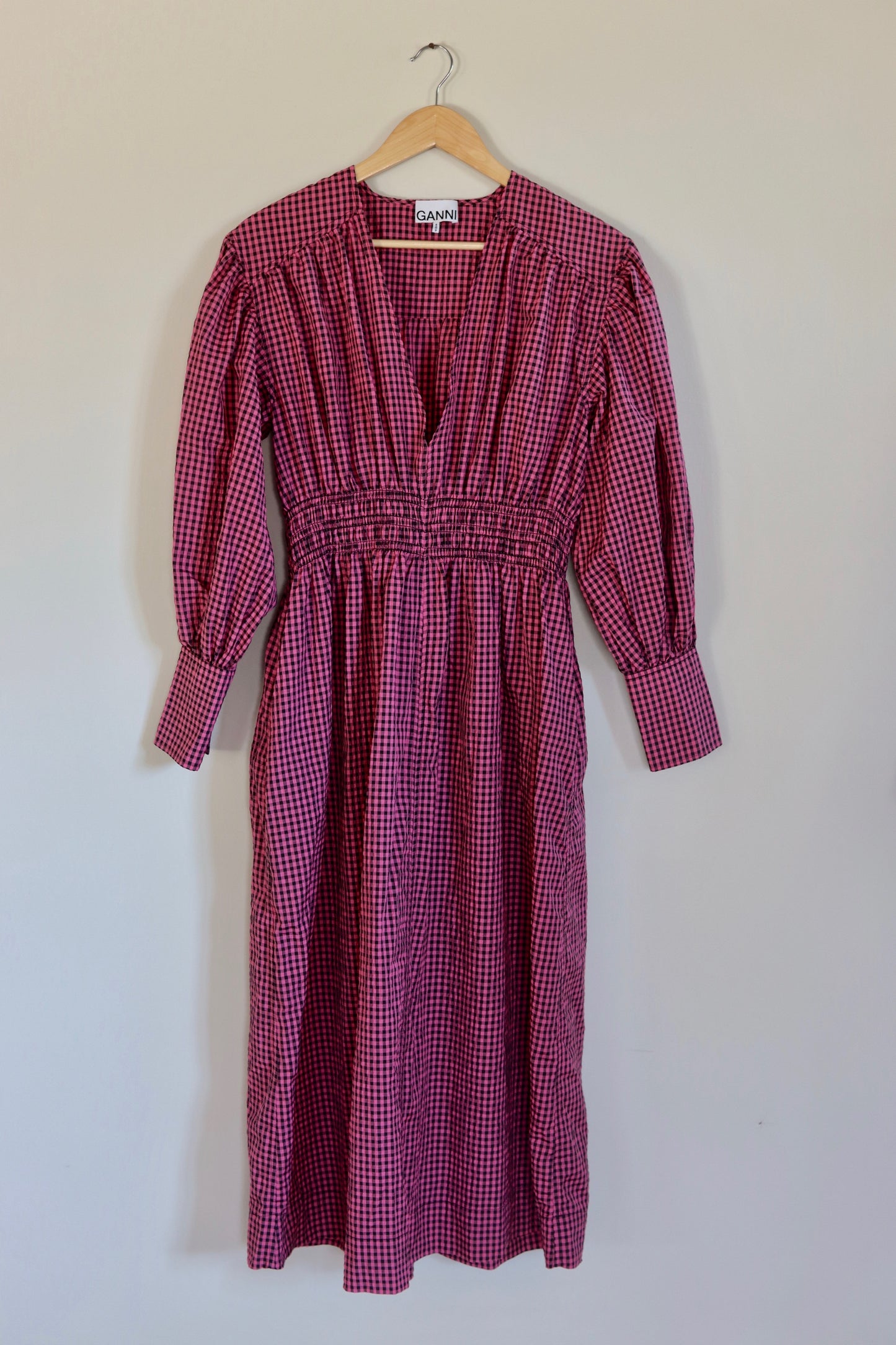 GANNI | Shirred Gingham Seersucker Midi Dress