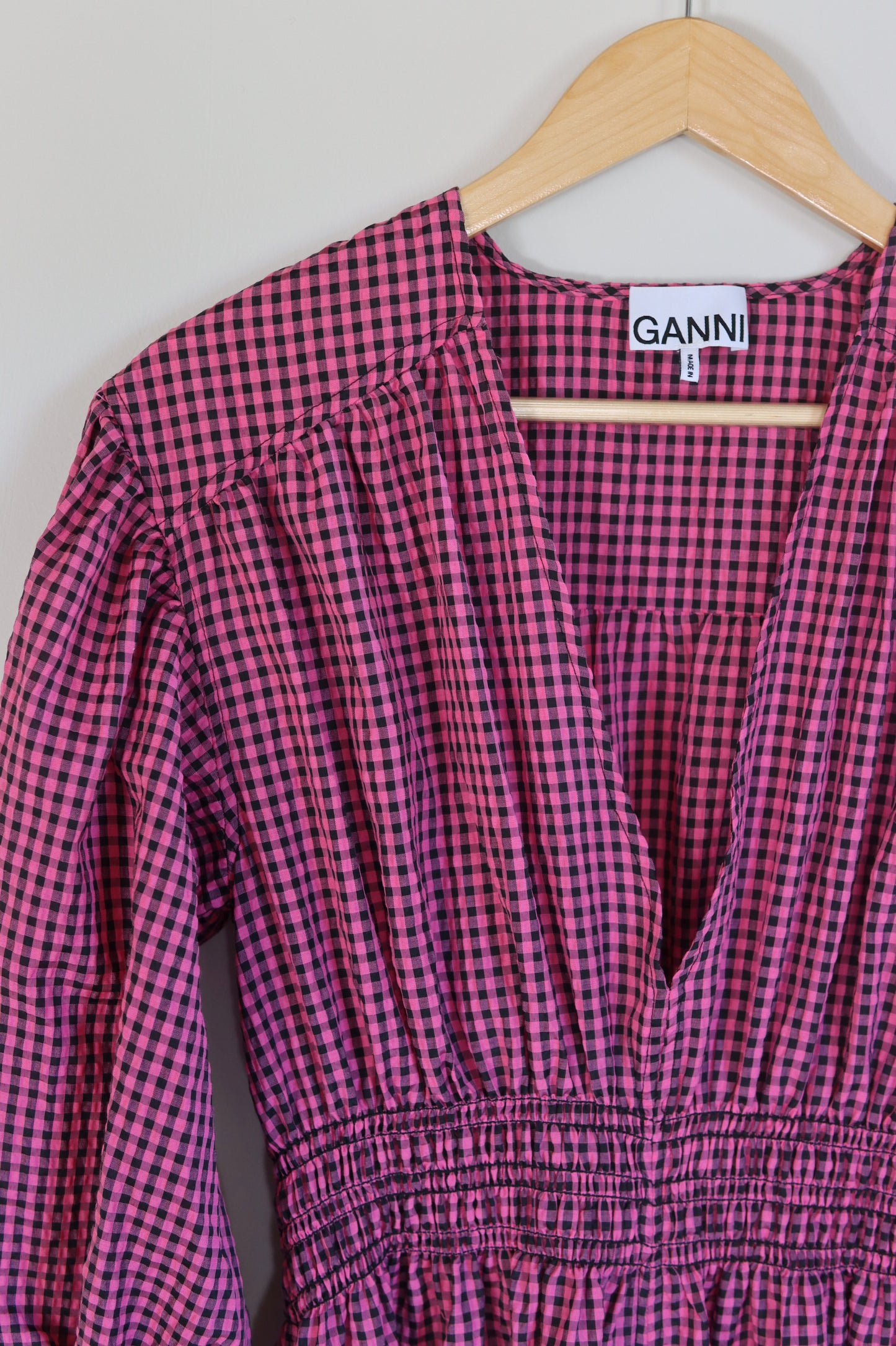 GANNI | Shirred Gingham Seersucker Midi Dress