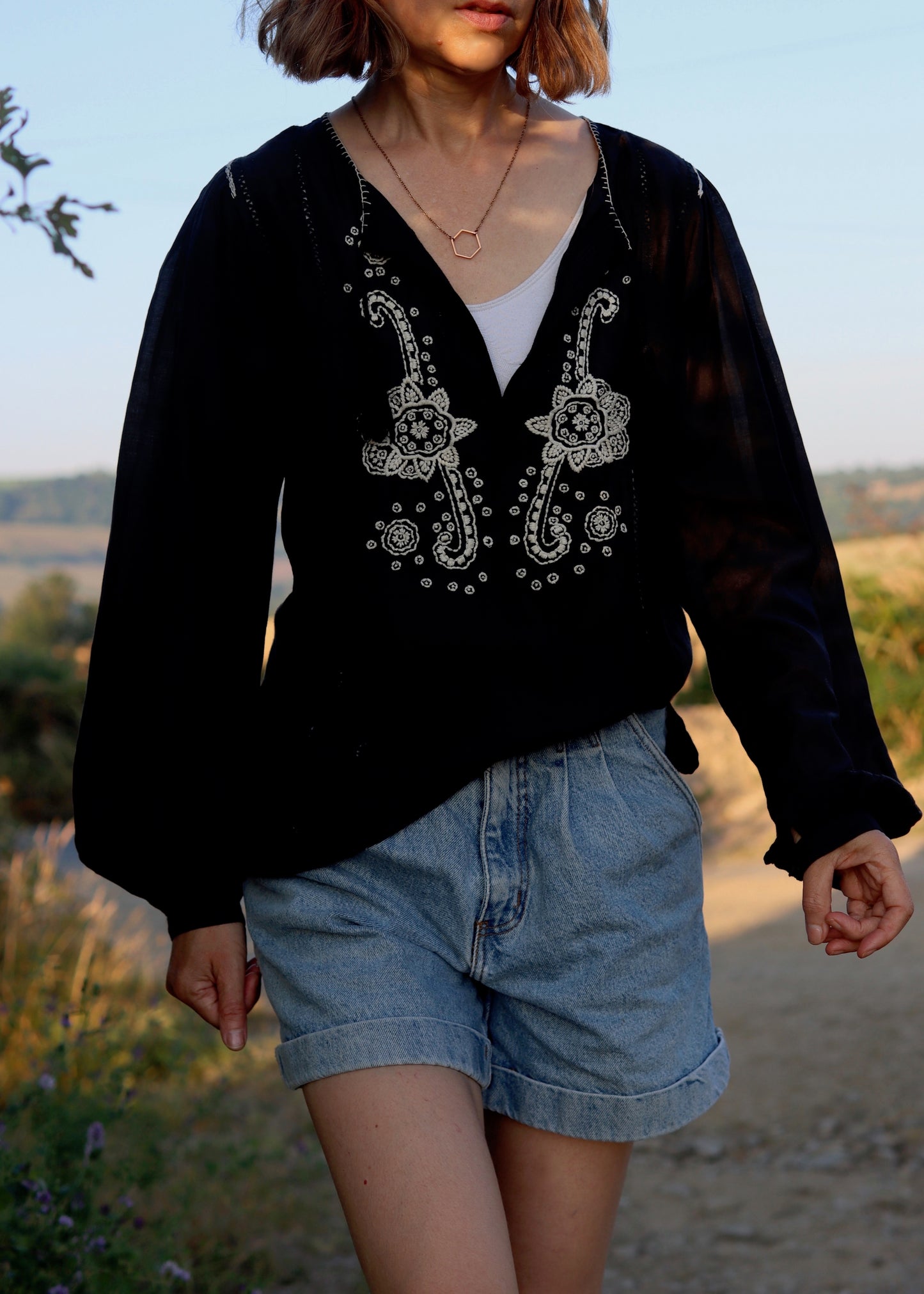 DAY-Birger Mikkelsen | Black Embroidered Cotton & Silk Blouse