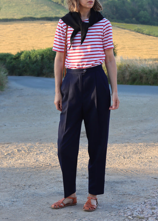Navy High-Waisted Pleated Trousers
