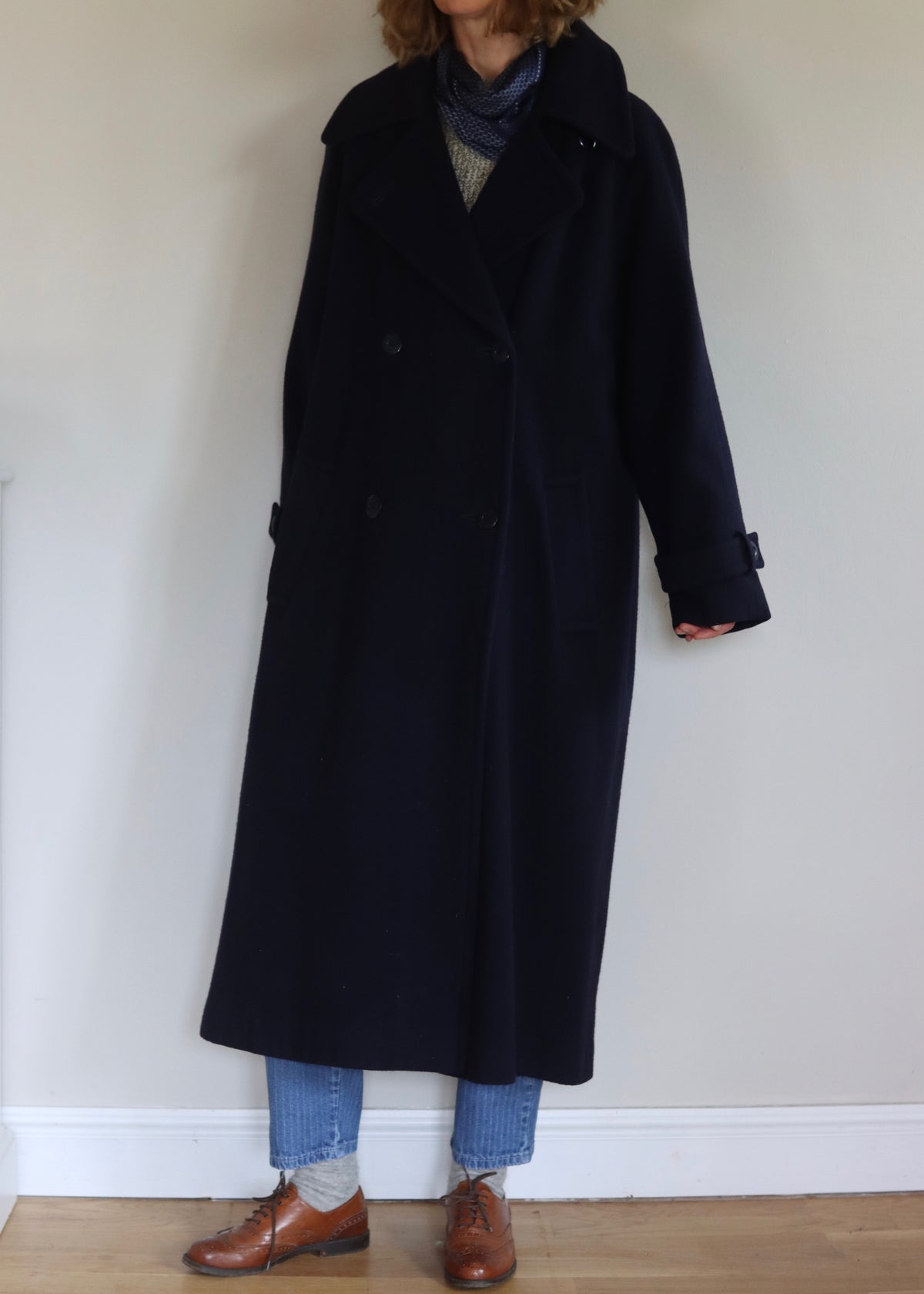 Oversized Navy Pure Wool Double Breasted Trench Coat