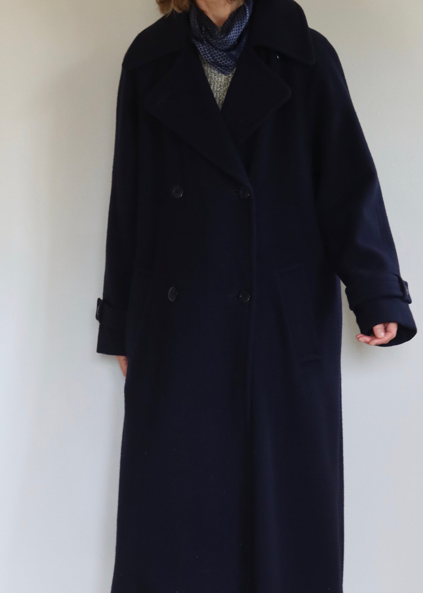 Oversized Navy Pure Wool Double Breasted Trench Coat