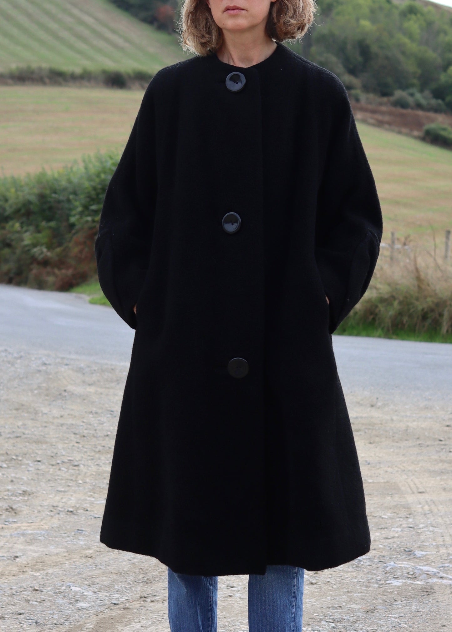 Unique Handmade Black Wool 1950s Vintage Coat
