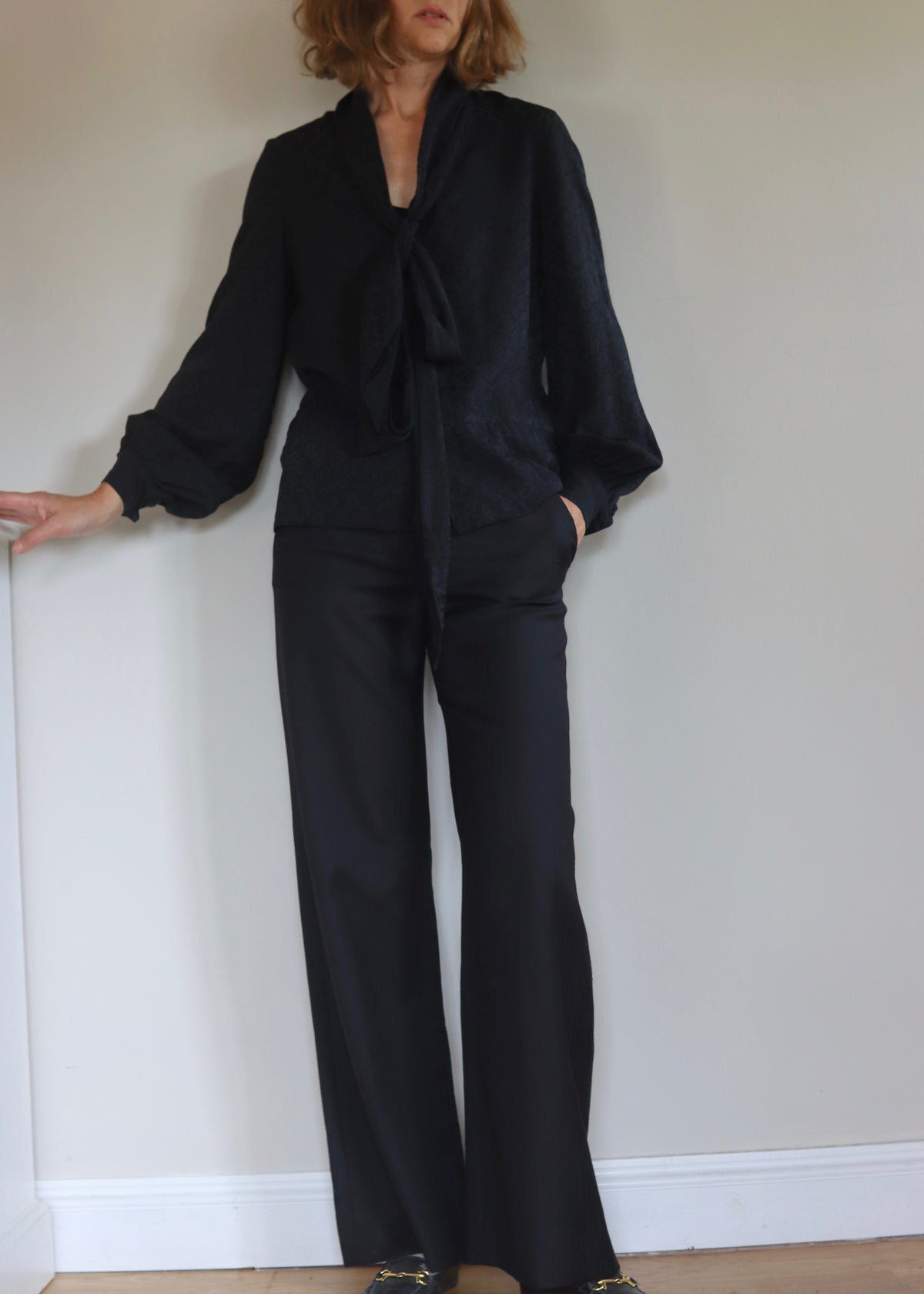 LANVIN Paris Boutique | Black Silk Bow Blouse | 1970s