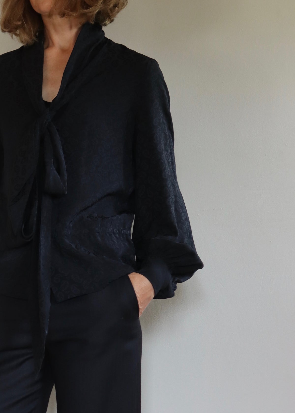 LANVIN Paris Boutique | Black Silk Bow Blouse | 1970s