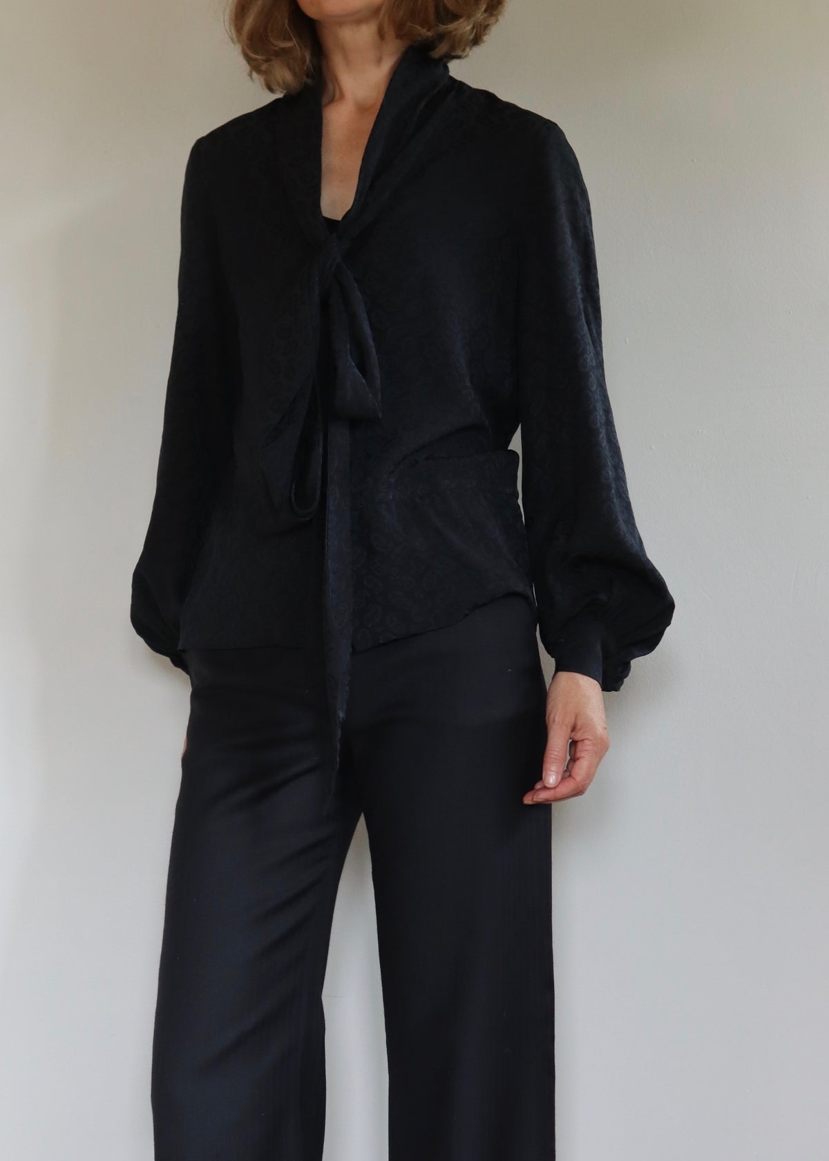 LANVIN Paris Boutique | Black Silk Bow Blouse | 1970s