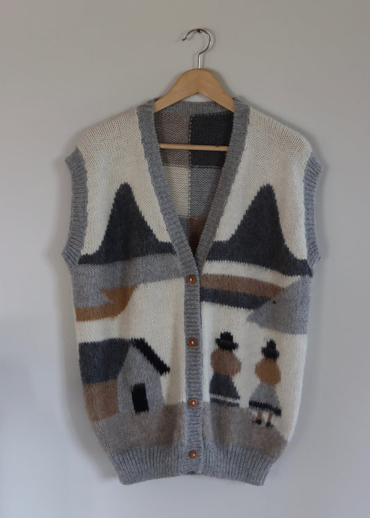 Vintage 80s Peruvian Hand Knit Alpaca Scenic Novelty Sweater Vest