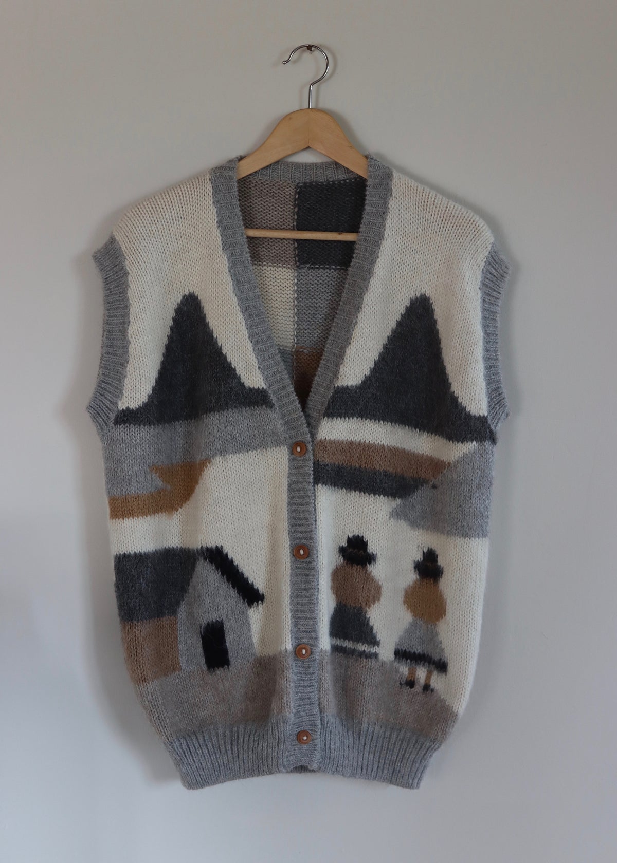 Vintage 80s Peruvian Hand Knit Alpaca Scenic Novelty Sweater Vest