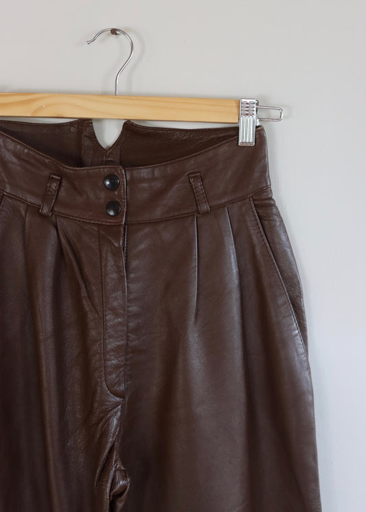 Brown 1980s High Waisted Leather Trousers Pants