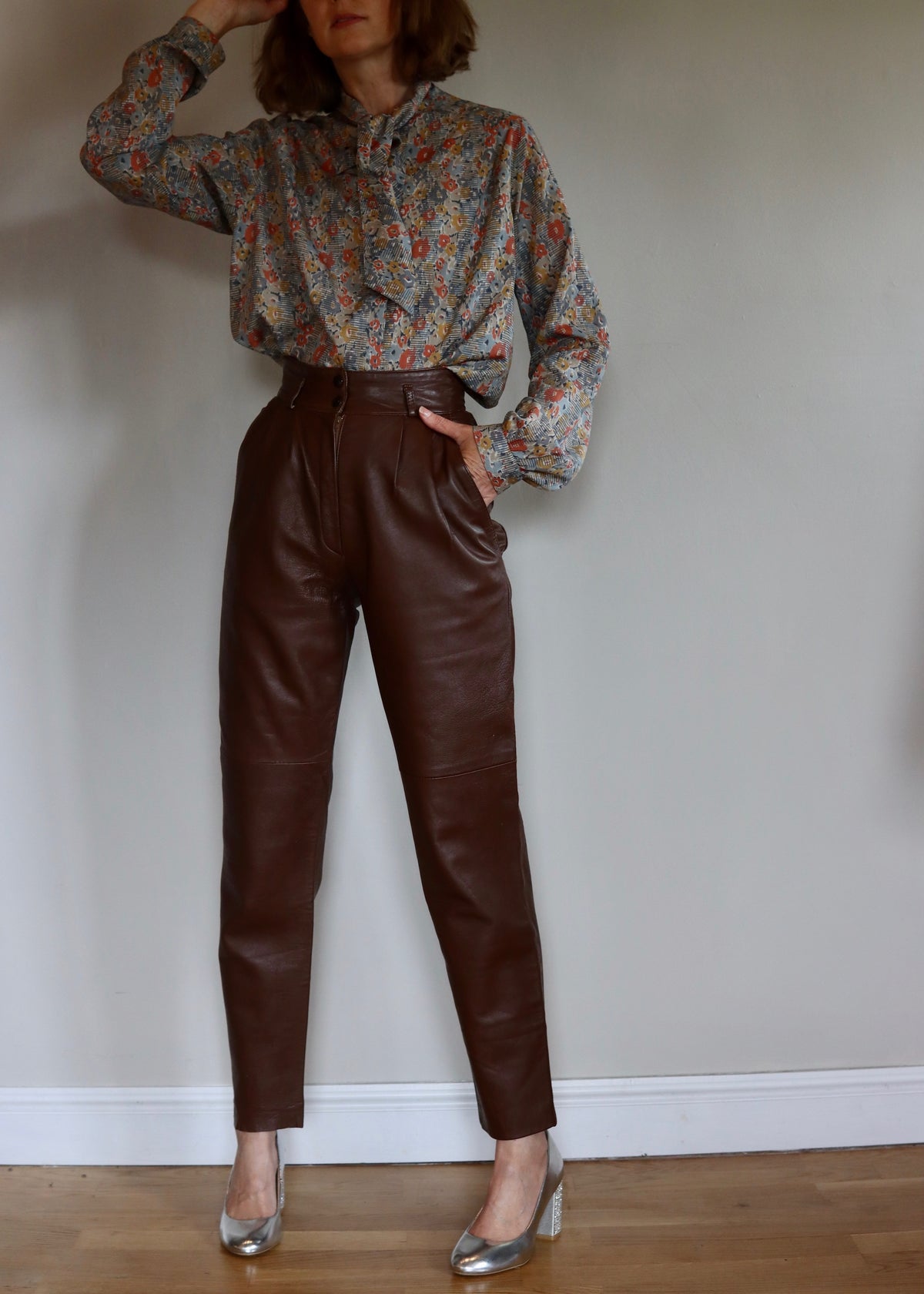 Brown 1980s High Waisted Leather Trousers Pants