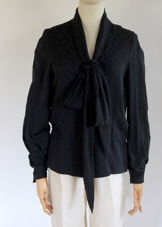 LANVIN Paris Boutique | Black Silk Bow Blouse | 1970s